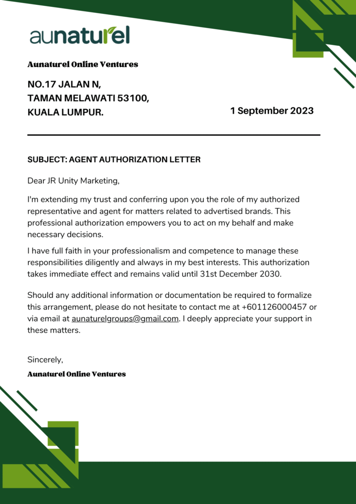 Surat perlantikan ejen serum sacha inchi Aunaturel